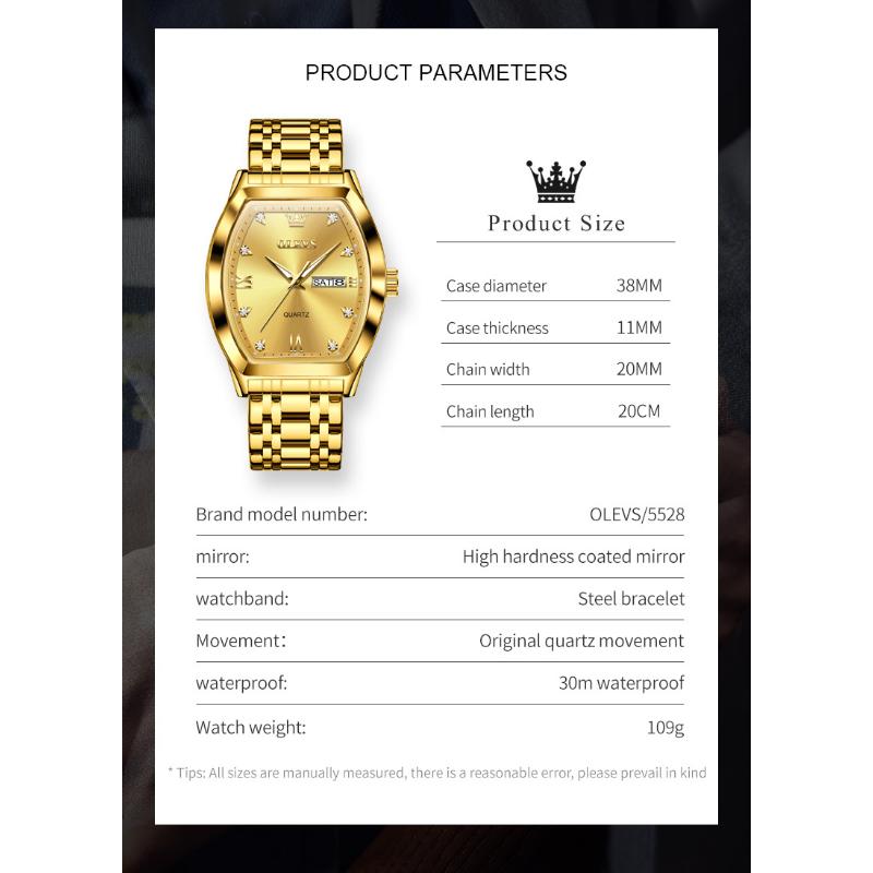 OLEVS Ceas de mână pentru bărbați, marca TOP, cuarț, elegant, din oțel inoxidabil, cadran Tonneau, impermeabil, luminos