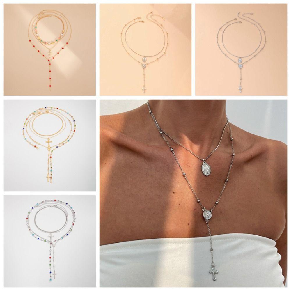 Fashion Cross Necklace Set Rhinestone Stacked Collarbone Chain Metal Stacked Necklace  Daily