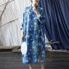 Johnature Women Vintage Dress Stand Bat Sleeve Print Floral Blue Autumn Chinese Stye Loose Dresses