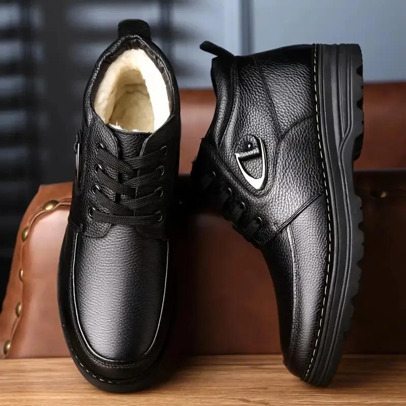 Men Snow Boots Fashion Thick Warm Suede Shoes Leather Surface Business Shoes for Men High Cut Anti Slip Comfortable Casual Shoes