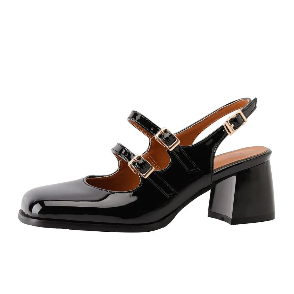Modă Retro Toc Gros Toc Mediu Pantofi Mary Jane Cu Vârf Pătrat Sandale Argintii Negre Vară Nou Mărime Mare 32-46 Pantofi de Damă Modă