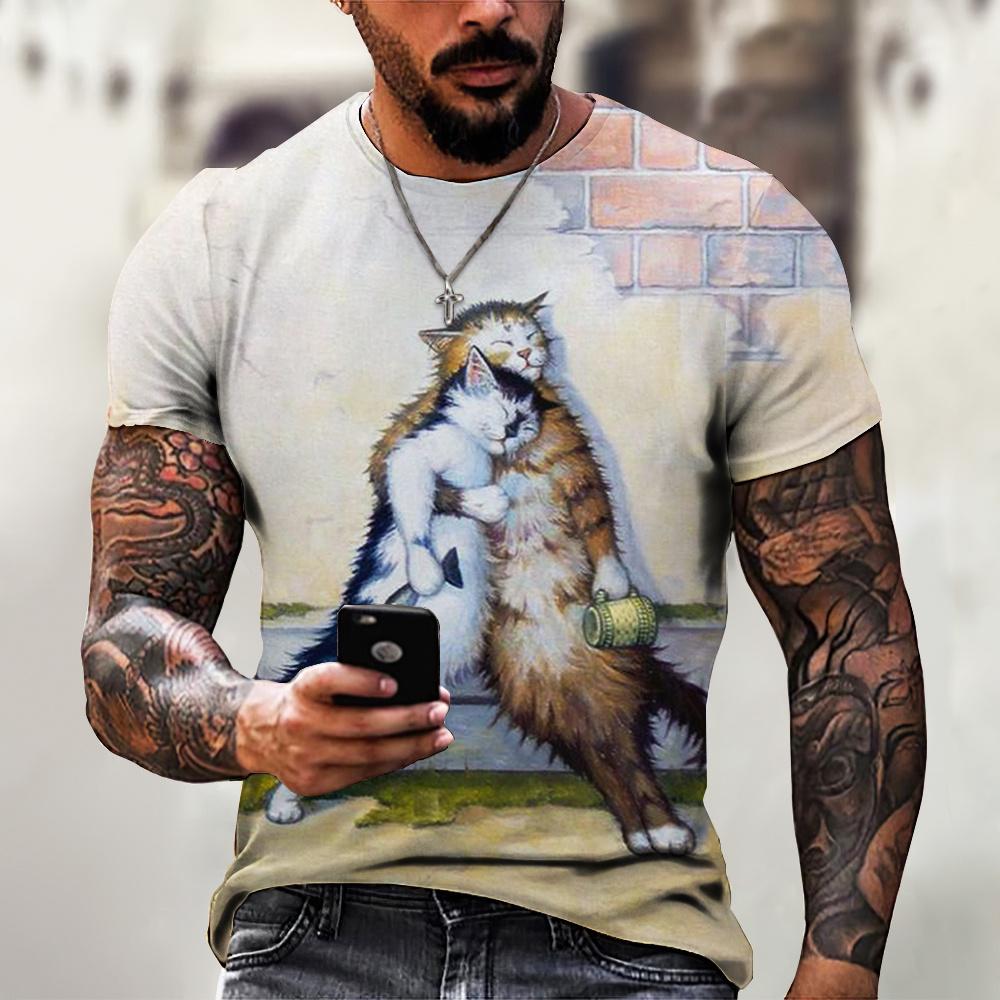 Handsome Motorcycle Cat 3D Print Summer Men's Round Neck T-shirt Casual Short Sleeve Oversized Pullover Fashion Trend Men Clothing