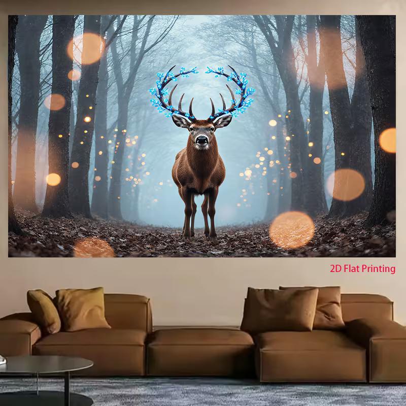 2D Fantasy Wald Hirsch Kulisse mit blauen Geweihen & Lichterketten Party Dekoration