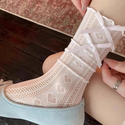 Letní Tenké Jednobarevné Sladké Lolita Tenké Ponožky Roztomilé Prodyšné Mašlička Japonské Střední Ponožky