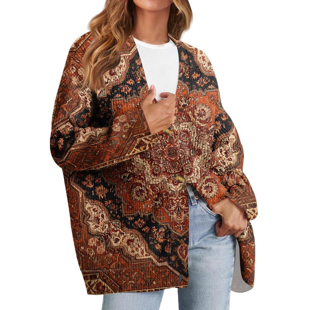 Women's Fashion Long Sleeve Print V-Neck Button Loose Cardigan Top