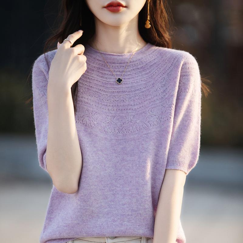 Women's Three Quarter Sleeve Knit Top O Neck Vintage Elegant Sweater
