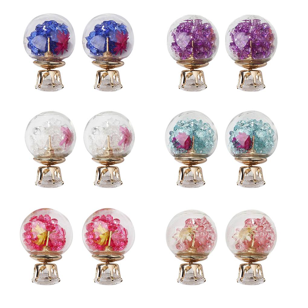 Women Girls Double Side Dry Flower Rhinestone Glass Stud Earrings Crystal Ball Ear Pin Jewelry Accessories