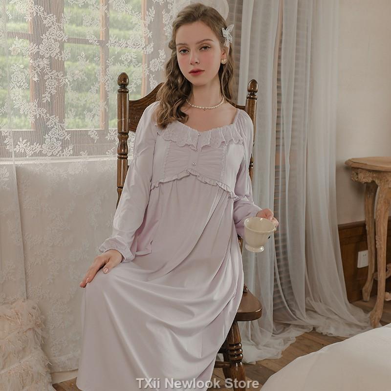 Pure Cotton Nightgown Women's Long Sleeve New Royal Style Lace Sweet Princess Nightgown
