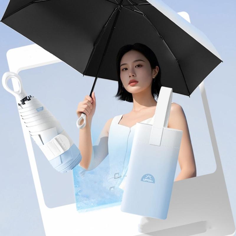 Mini Folding Travel Umbrellas with Rings Handle and Storage Bag Gradients Color UVs Protections Lightweights Portable