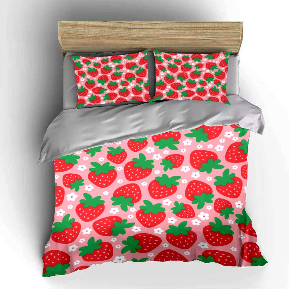 Strawberry Print Bedding Set Pink Decor Bedding set (1 duvet cover, 2 pillowcases, duvet not included)