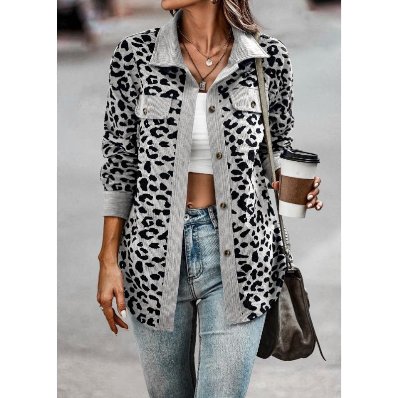 Autumn and Winter  Fashion Leopard Print Button Long Sleeve Jacket Woman