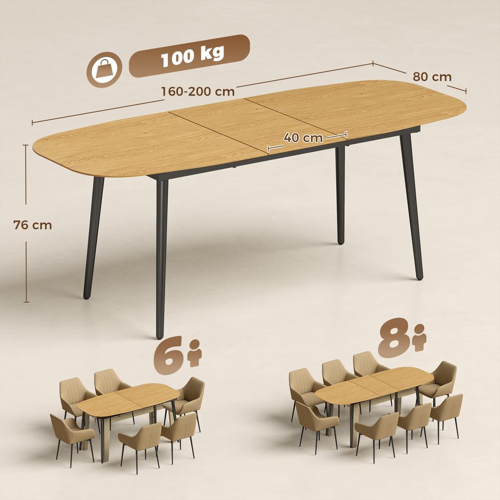 Extendable Rectangular Dining Table for 6-8, 160-200 cm, Shelf, Brown