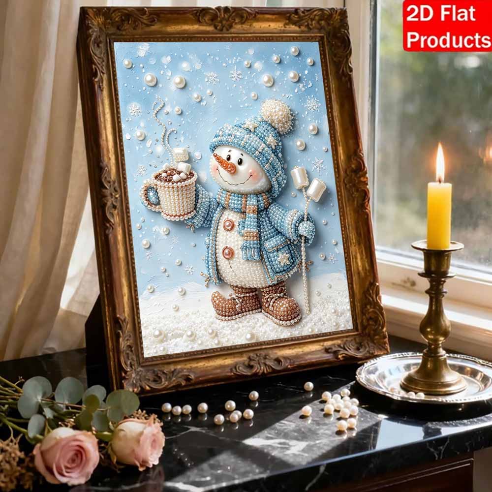 Cute Snowman Hot Cocoa Pearl Bead Painting Kit Winter Theme Frameless Canvas Art Relaxing Night Craft Home Decor Gift Wall Decoration DIY