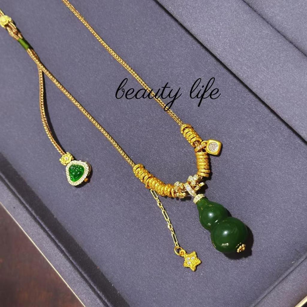 Chinese Retro Buddha Jade Gourd Tassel Necklace for Women
