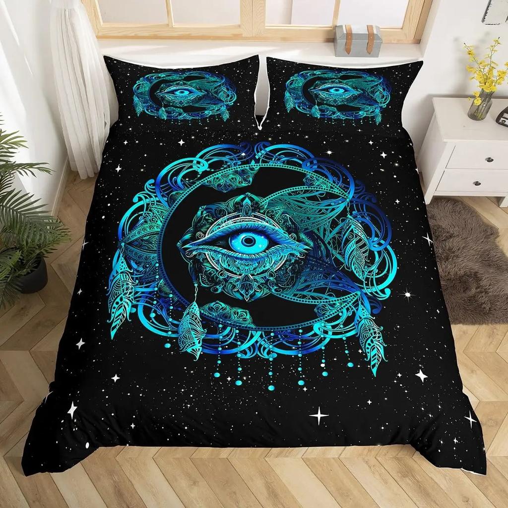 Eyes Comforter Cover Bohemian Hippie Water-Drop Duvet Cover Boho Eyes Nazar Amulet Bedding Set Mysterious Blue Eyes Quilt Cover