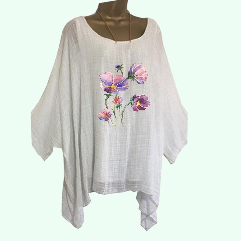 Übergröße DamenDünnes Baumwollleinenhemd Frühling&Sommer Lässig O-Ausschnitt Locker Langarm Top Damenmode Blumendruck Langes Hemd