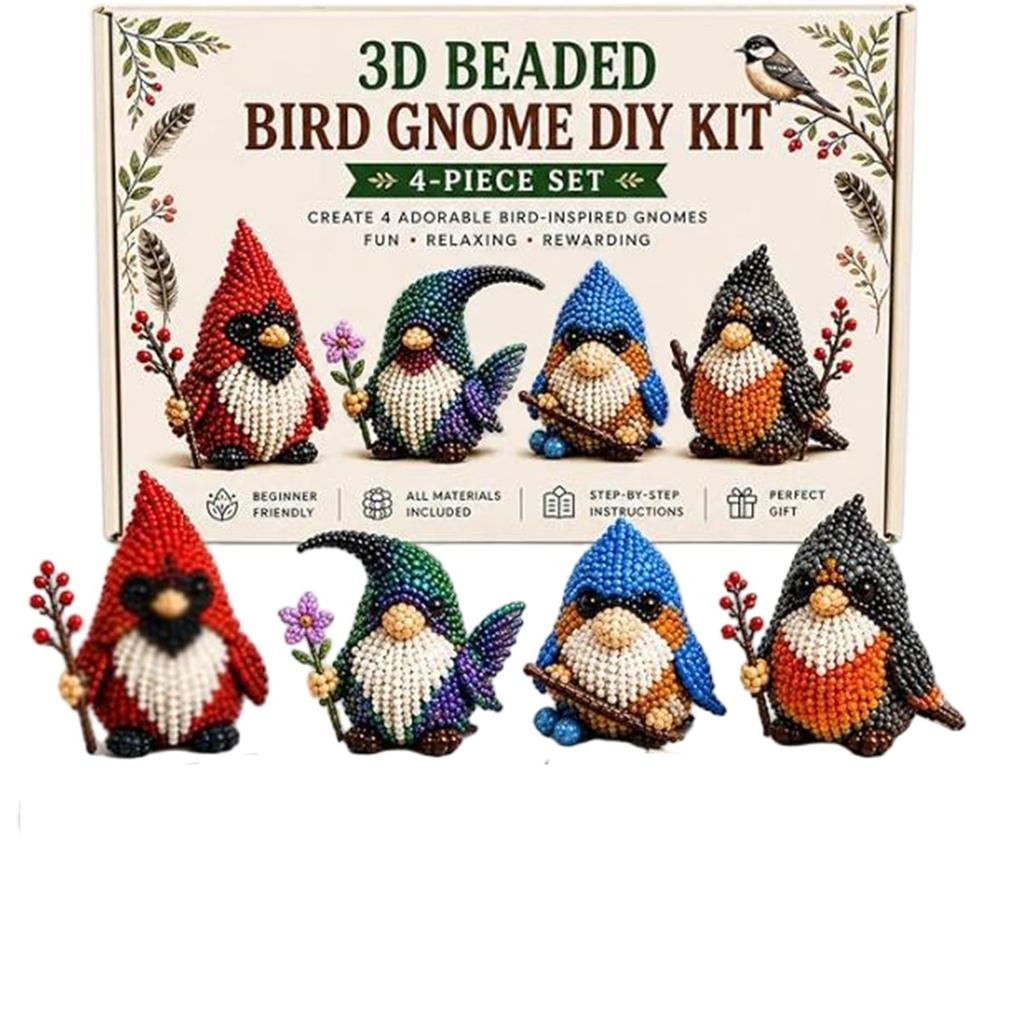 3D Beaded Bird Gnome DIY Kit 4-Piece Set Includes Step-by-Step Instructions Materials and Tools for Crafting Detailed Miniature Gnome Figures