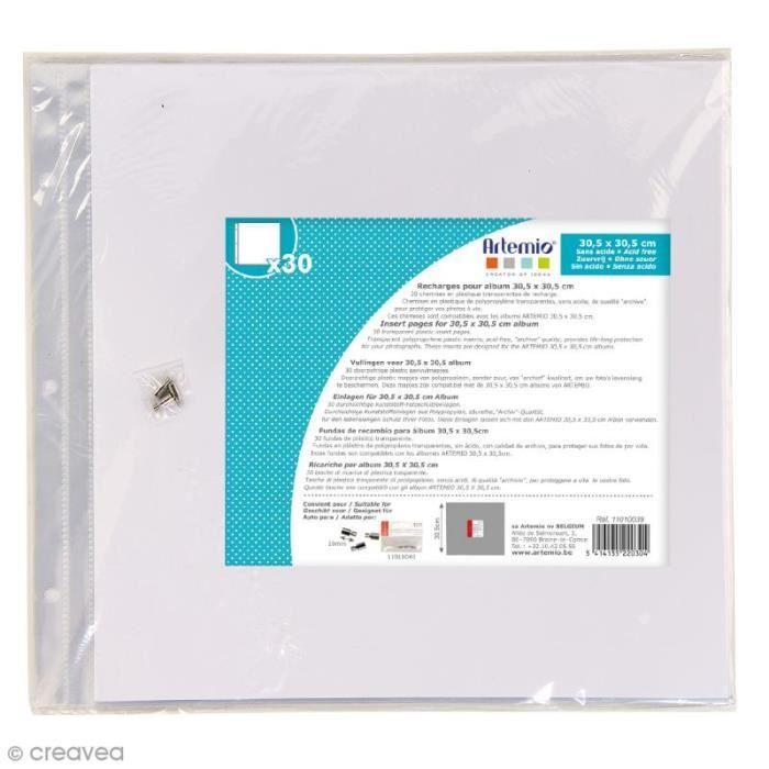 Pochettes transparentes - ARTEMIO - 30,5 x 30,5 cm - 30 feuilles - Sans acide - Compatible albums 3 trous