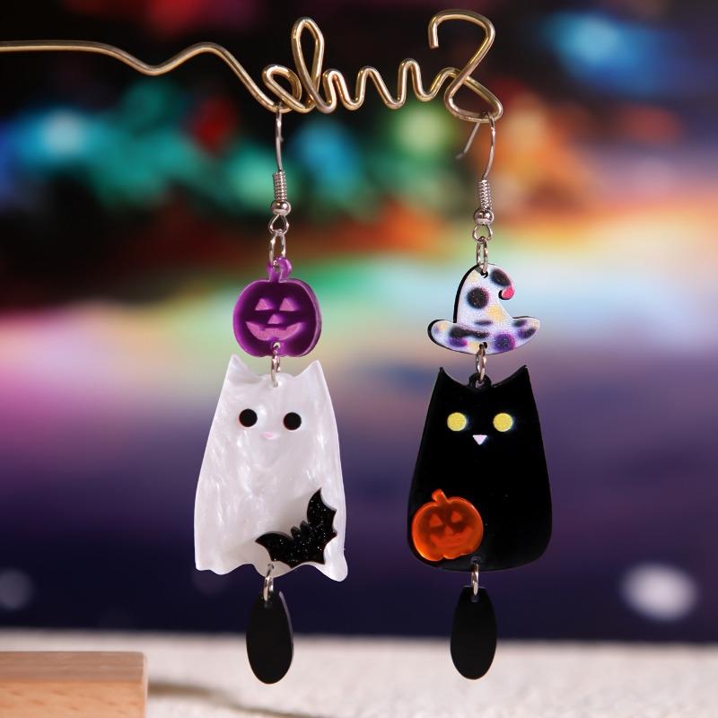 1PAIR popular Halloween black and white ghost pumpkin bat acrylic earrings funny niche design creative earrings