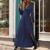 Yousheng Fall Spring Dress Lace V Neck Long Sleeves Pleated Split Hem Pure Color A-line Big Hem Slim Fit Full Length Commuting Dating Maxi Dress