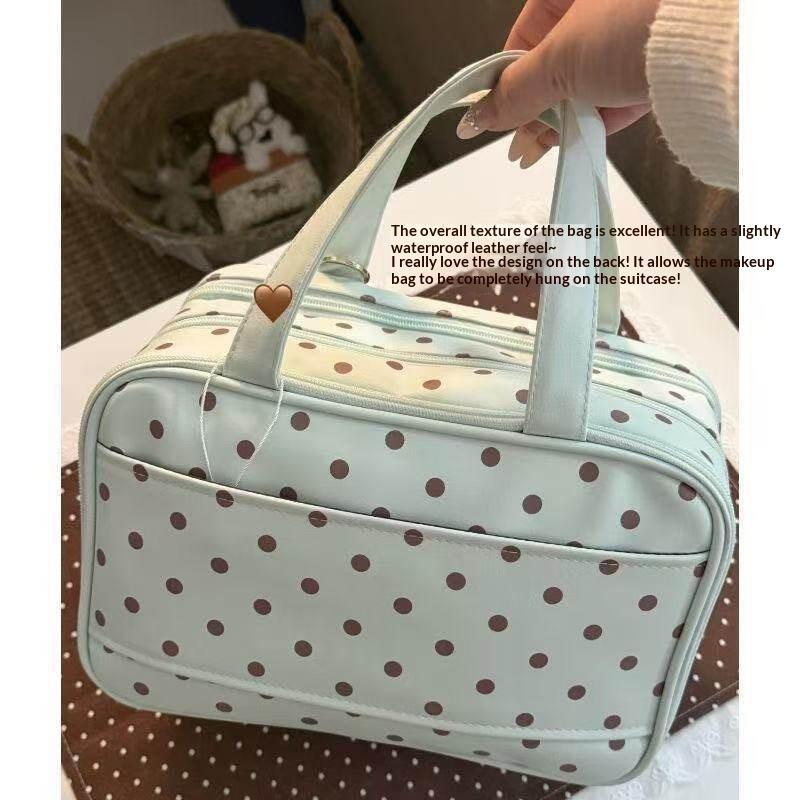 Polka Dot Handheld Makeup Bag Multifunctional Three Layer Partition Pu Cosmetic Bag Large Capacity Waterproof Travel Storage Bag