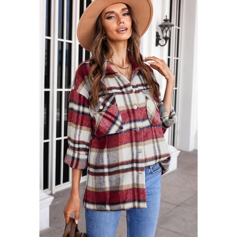 Women Vintage Plaid Long Sleeve Shirt Loose Color Collision Lapel Tops Jacket