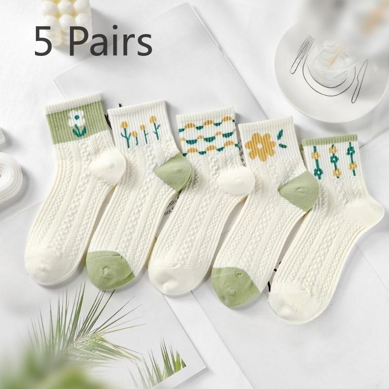 

5 пар девичьих весенне-осенних милых свежих носков-гольф в колледжском стиле с цветами 5 Pairs