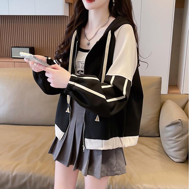 Autumn Women's Clashing Color Splicing Loose Hooded Zipper Jacket