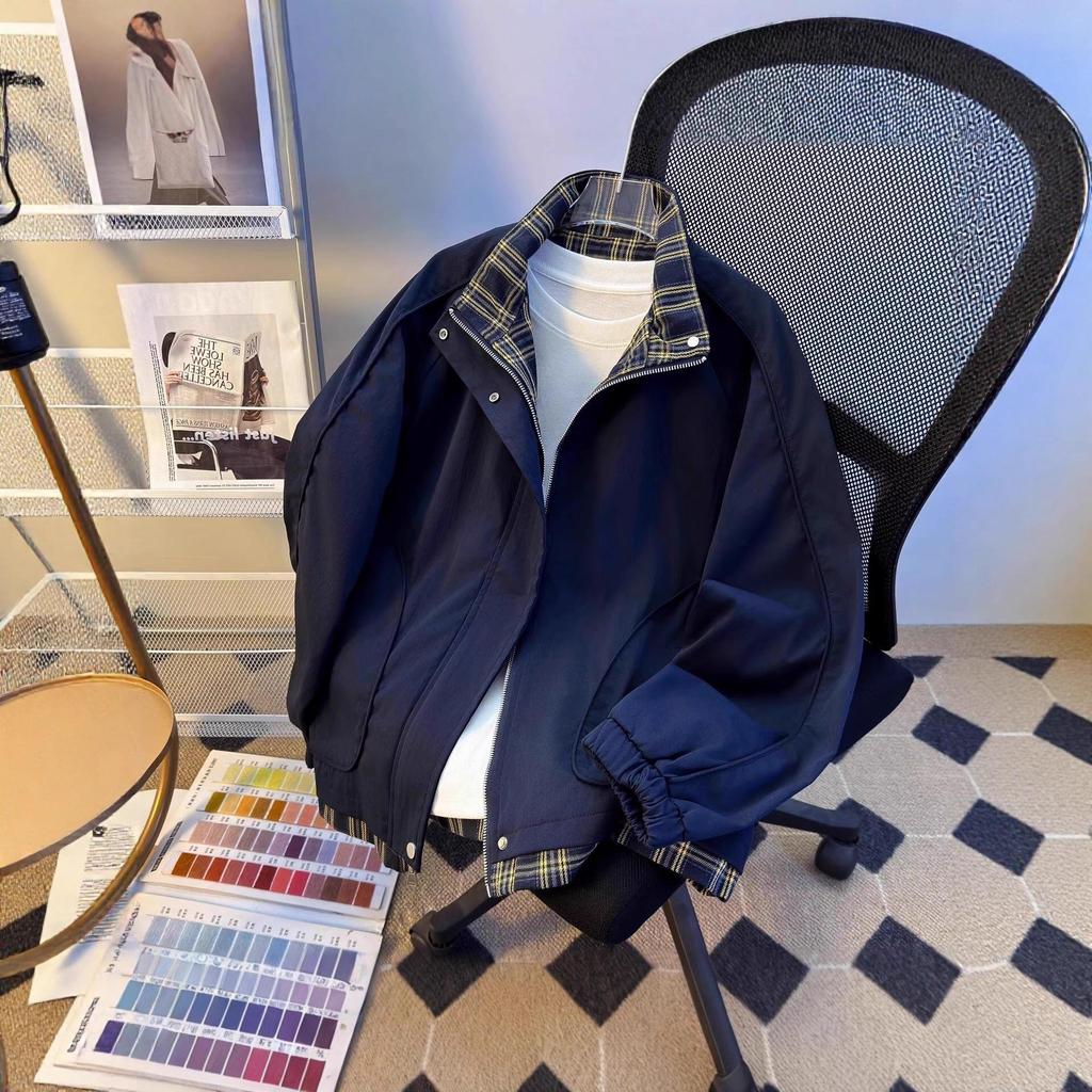 Men's 2025 Spring/Autumn Plaid Two-Piece Color Block Stand Collar Jacket - College Style Versatile Outerwear