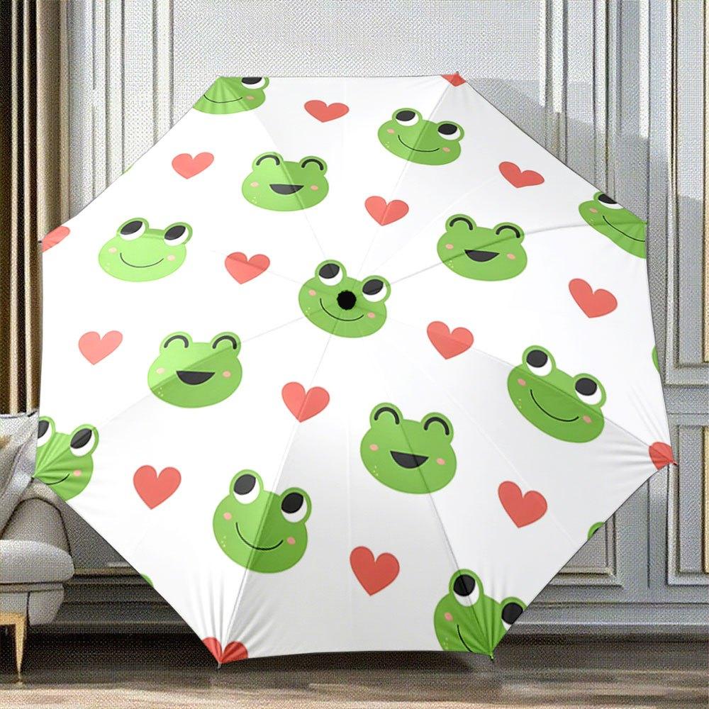s Cute Frog  Hearts Umbrella - Open/Close Portable Folding Umbrella with Green Frog Face  Pink Hearts, 8-Rib Compact  Umbr (as the picture,Iron8K)