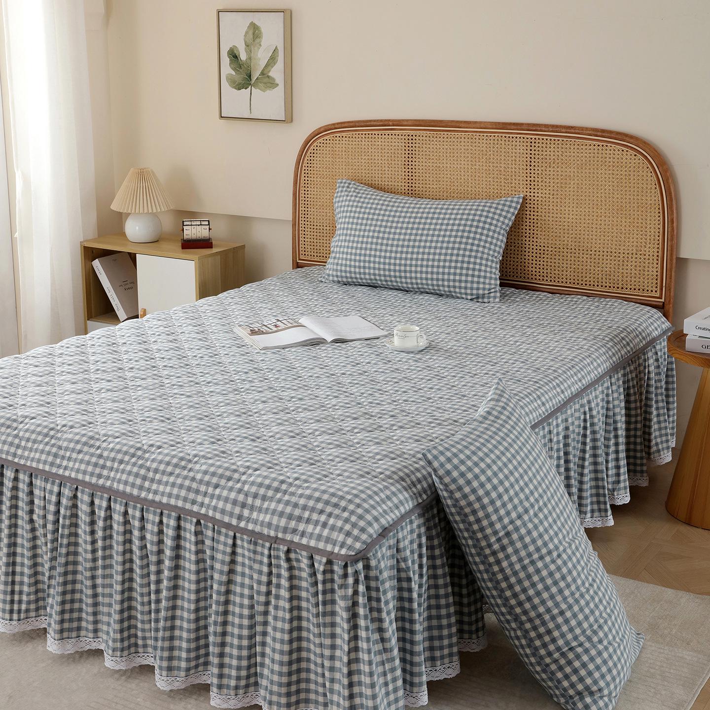 All-Season Cotton Plaid Quilted Bed Skirt, Non-Slip Cover Single Bed Skirt 150x200cm