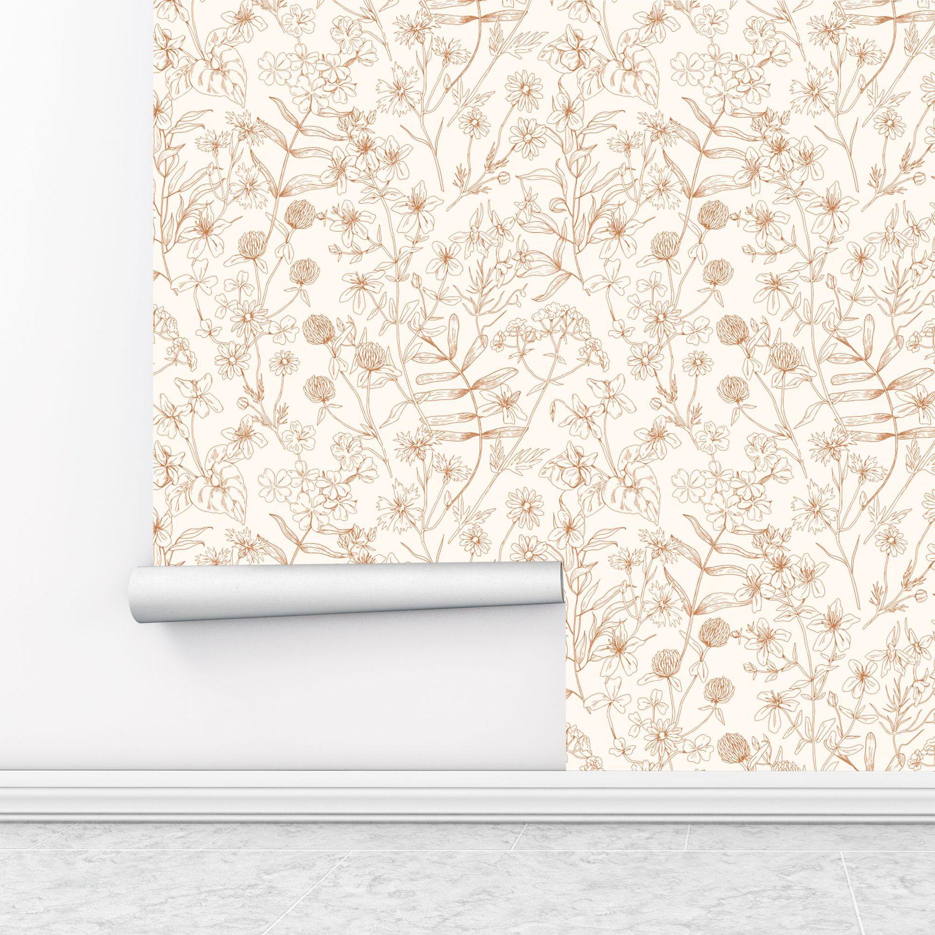

Peel and Stick Beige Floral Wallpaper Farmhouse Botanical Flower Wallpapers for Bedroom Renter Friendly 45x200cm