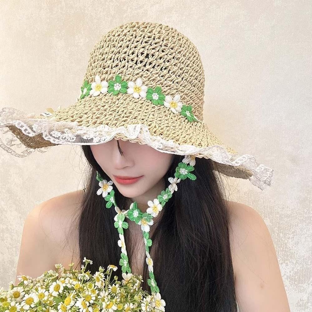 With Garland Big Brimmed Straw Hat Breathable Woven Sun Cap Elegant Vacation Beach Cap  Women