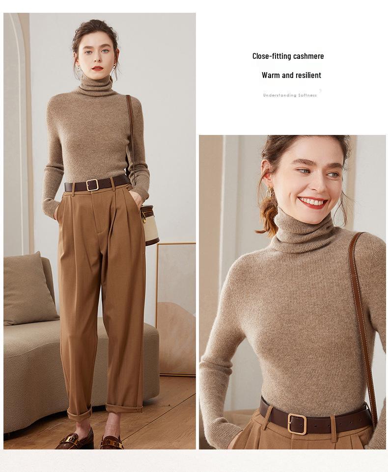 Women's High Neck Ribbed Cashmere Sweater - Slim Fit, Versatile Knit Top