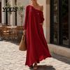 Retro Style Dress Summer Maxi for Women, Casual Loose One Shoulder Long Everyday Wear Sleeve Dress, Flowy Beach Vacation Sundress wwith Pockets Simple