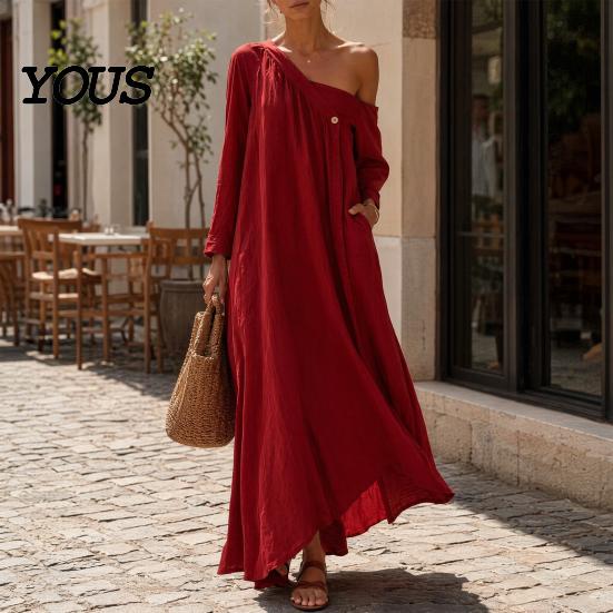 Retro Style Dress Summer Maxi for Women, Casual Loose One Shoulder Long Everyday Wear Sleeve Dress, Flowy Beach Vacation Sundress wwith Pockets Simple