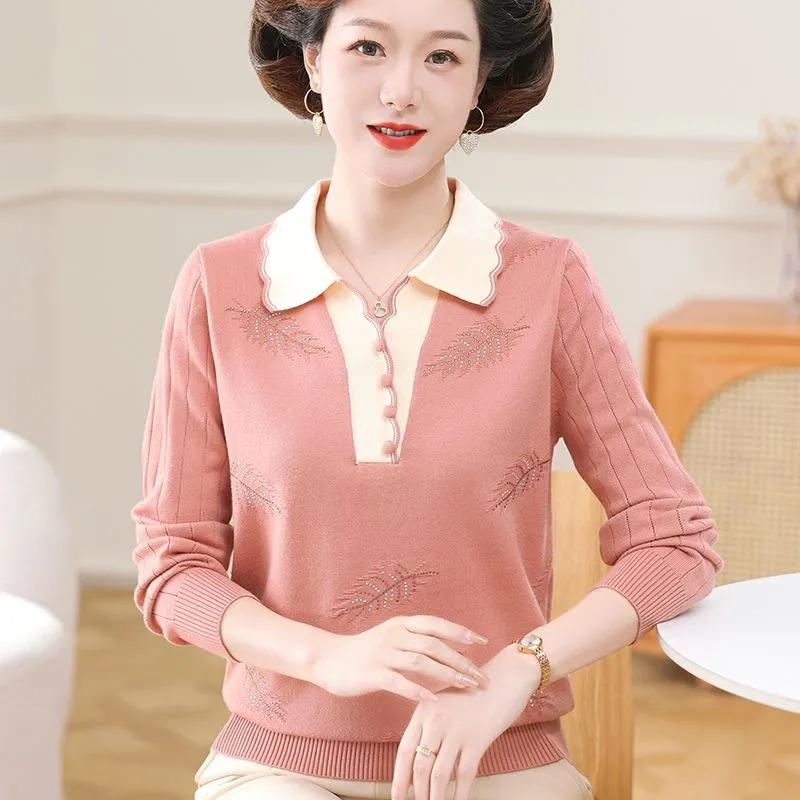 Mom Wear Spring Autumn Lapel Loose Top 2025 Middle-aged Elderly Women's Knitted Sweater Fashionable Base Shirt