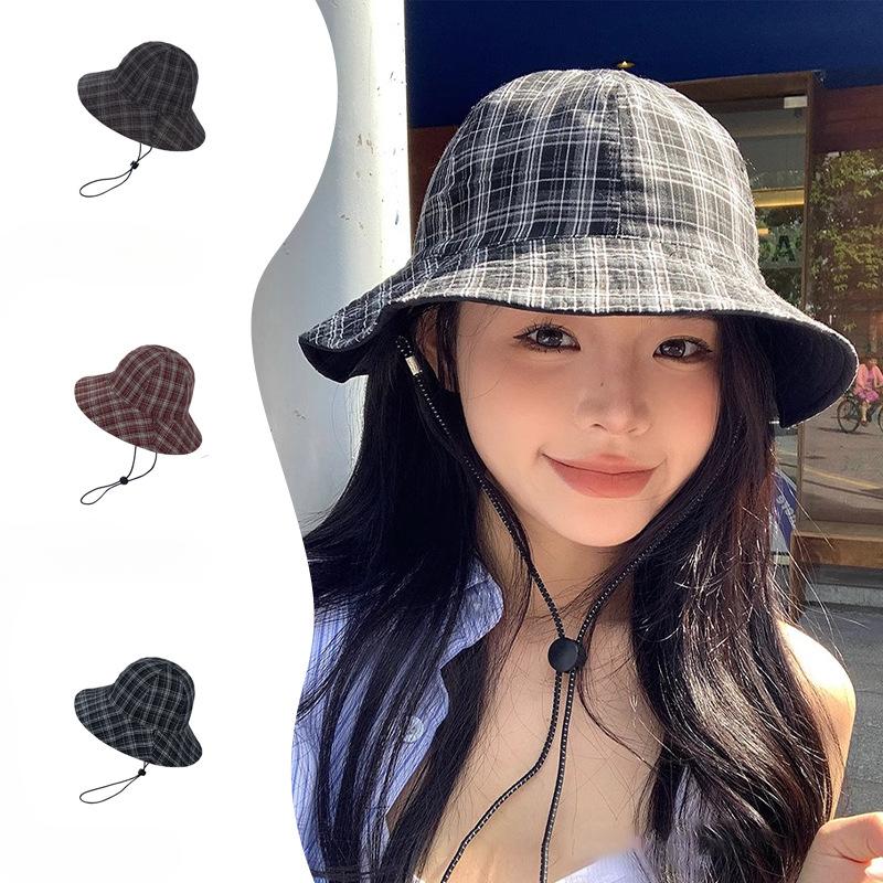 Japanese Style Retro Plaid Double Sided Fisherman's Hat New Fashionable Outdoor Large Brimmed Sun Hat Sun Protection Basin Hat Trendy