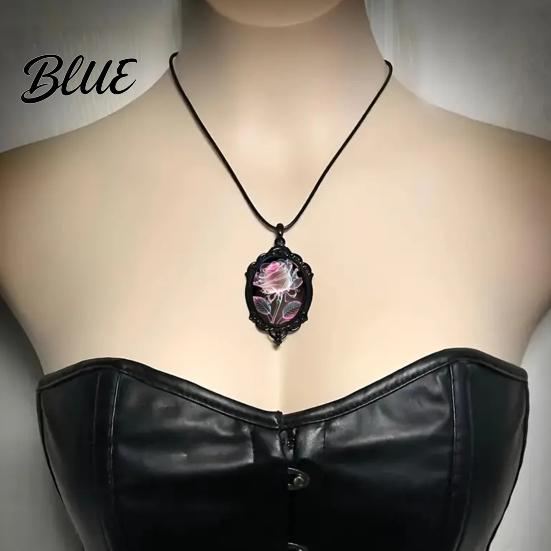 Rose Necklace Black Gothic Vintage Floral Glass Pendant Stylish Dark