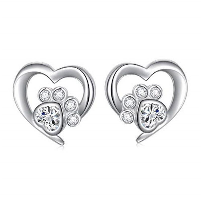 Spot Love Cat Paw Small Stud Earrings Creative Dog Footprint Zircon Earrings Girls Jewelry