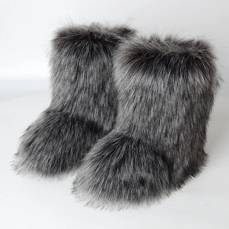 Women Winter Faux Fur Boots Woman Fluffy Plush Warm Snow Boots Luxury Footwear Girls Furry Fur Bottes Fashion Winter Shoe