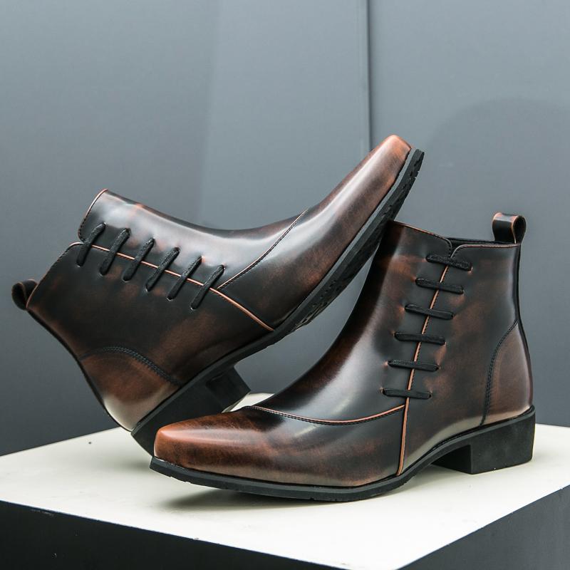Herren Leder Biker Stiefel Reißverschluss Chelsea Stiefeletten Plateau Sohle Absatz erhöhende Schuhe Mode Freizeit Motorradstiefel für Herren