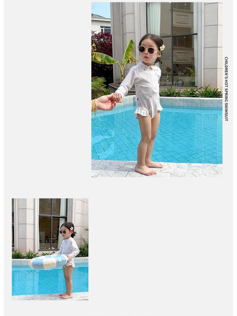 Dziewczęcy szybkoschnący strój kąpielowy z długim rękawem i filtrem przeciwsłonecznym w kwiaty - letni design księżniczki dla małych i średnich dzieci