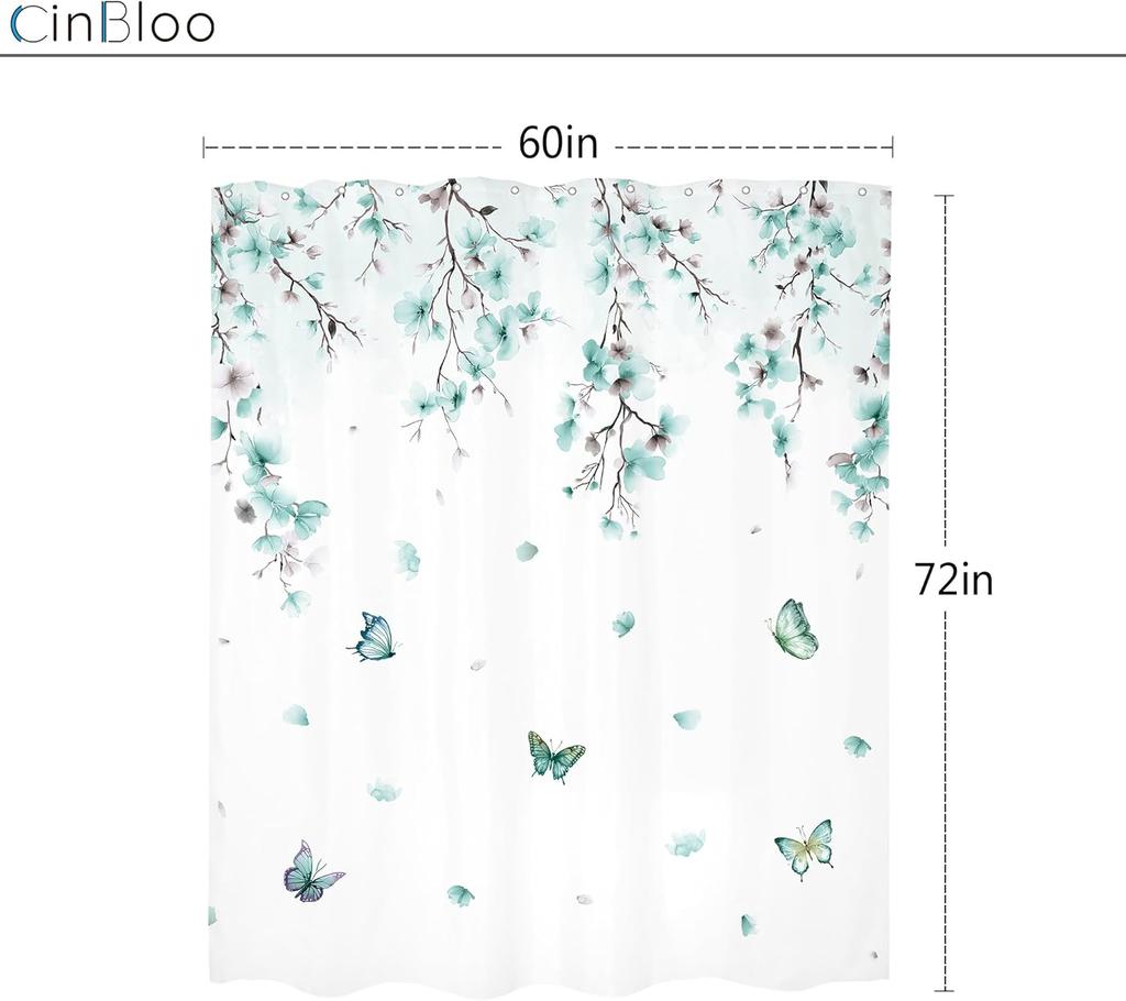 Blumen Schmetterling Duschvorhang Minzgrüne Blumen Und Schmetterlinge Badezimmer Deko Frühling Design Wasserdichtes Gewebe Eleganter Stil