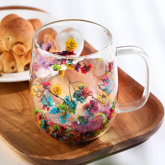 Double-Wall Dried Flower Glass Mug with Handle 350ml Borosilicate Glass Coffee Cup for Hot Cold Drinks Heat-Resistant Clear Unique Gift for