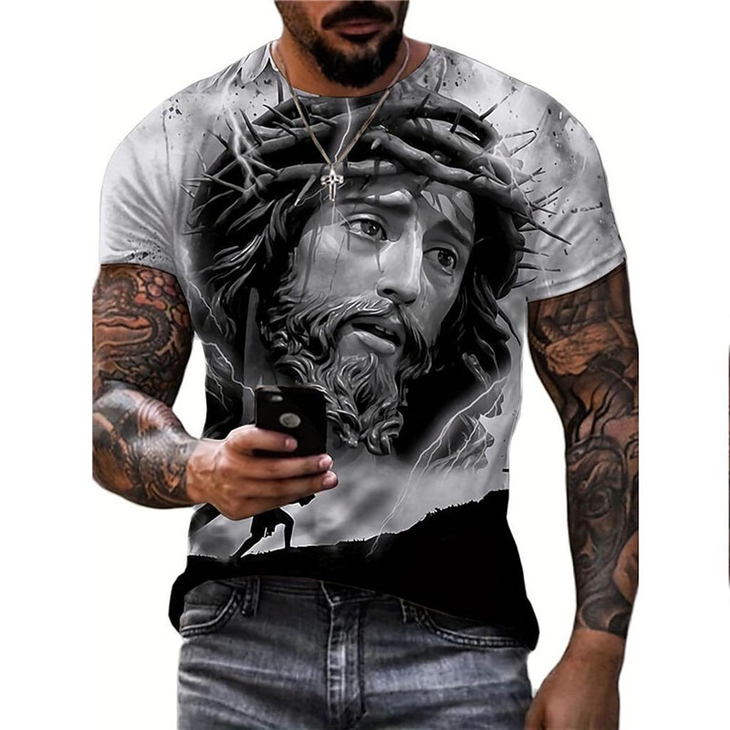 Men's Summer Breathable 3D T-shirt Jesus Christ Cross Print Crew Neck Short-Sleeve Fashion Trendy Faith-Based Daily Top