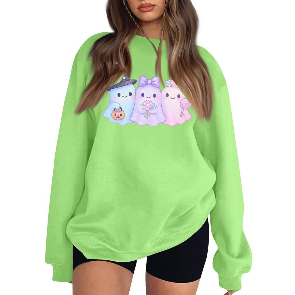Women's Color Neck Long Sleeve Loose Fit Sweatshirt with Halloween Print