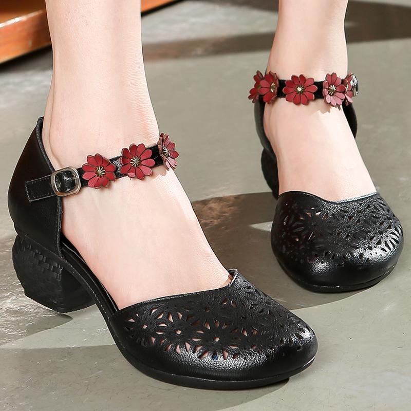 Fashion GKTINOO Genuine Leather Women Sandals Summer Shoes 5CM High Heels Retro Women Shoes 2025 Hollow Out Sandals