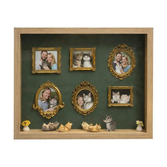 DIY Mini Museum Silhouette Box with Light Family Memory Photo Display Case Kit with 6 Gold Mini Frames 4 Miniature Cats 2 Potted Plants for Cat Lovers