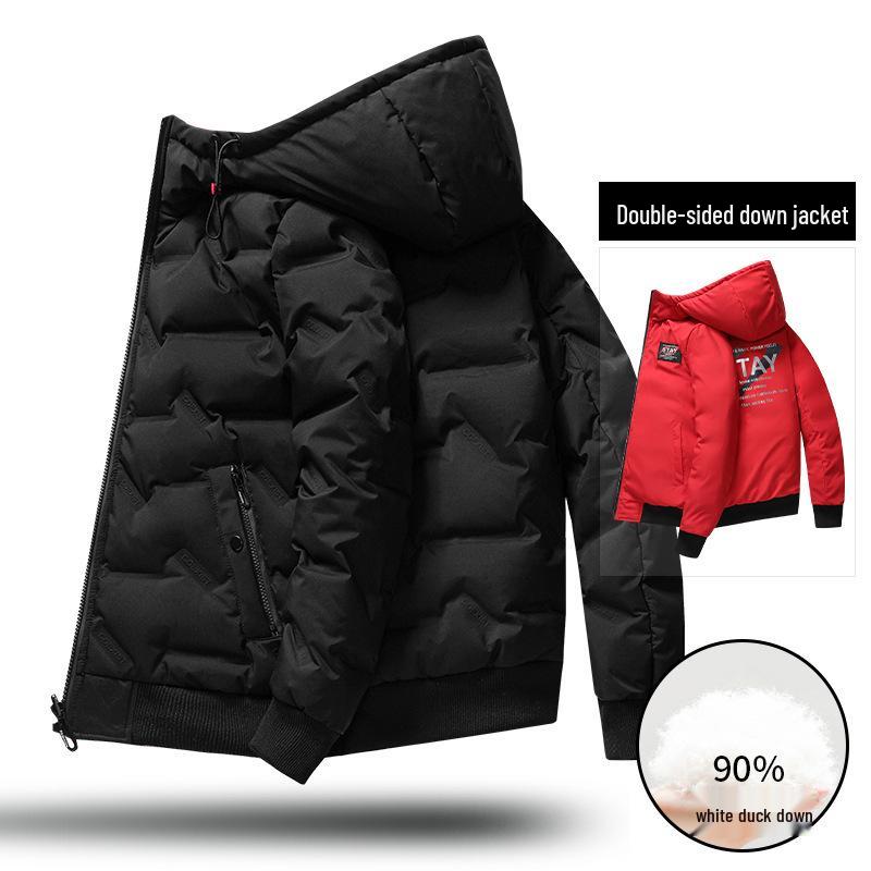 Men's Reversible White Duck Down Puffer Jacket: Short, Hooded, Solid Color, Warm, Windproof for Autumn and Winter